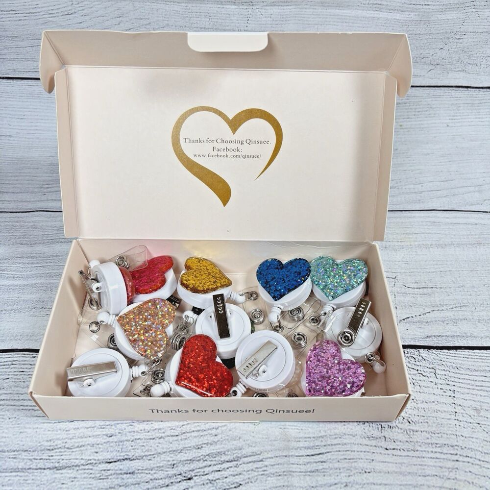 Lot of 12 HEART Retractable ID Badge Holder Reels Clips w/Clear PVC Strap New